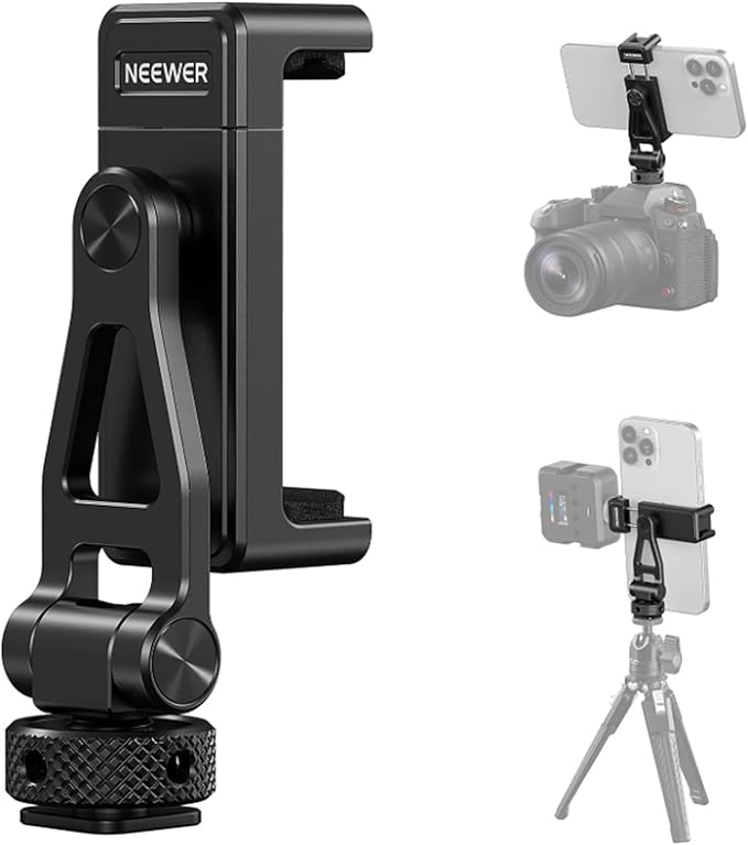 NEEWER Metal Phone Tripod Mount with Cold Shoes, 1/4" Thread, GA010 | 180° Tilt 360° Rotation, Adjustable Phone Clamp Holder, Compatible with iPhone 17 16 15 Samsung S25 S24 Ultra Camera Cage by Neewer