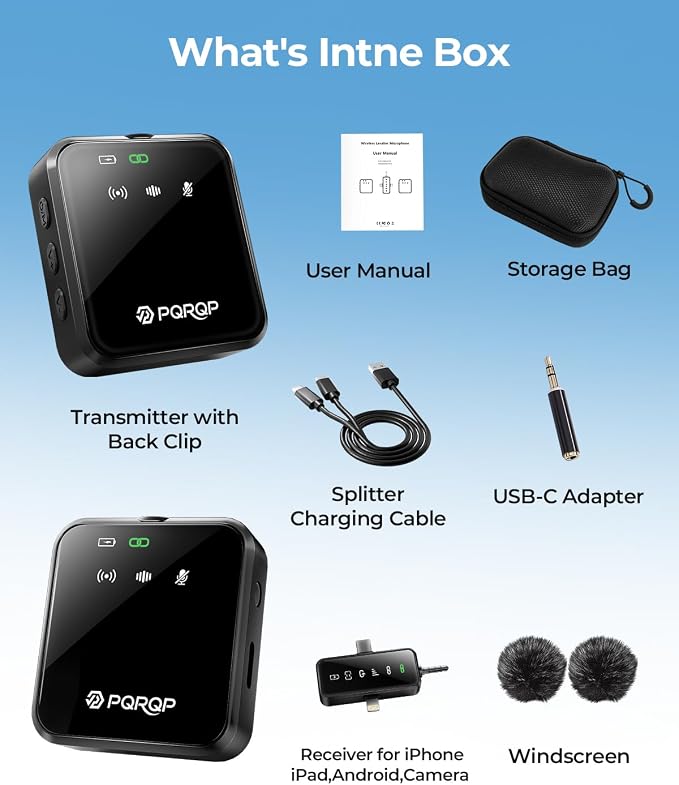 PQRQP 3 in 1 Wireless Mini Microphone for iPhone, Android, Camera,328ft Range, 18H Battery Life,High-Fidelity Audio Clip on Mic for Content Creators-Soot Black - Image 8