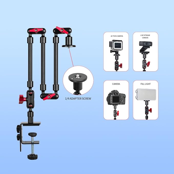 Magic Arm with Clamp, Long Articulating Arm Camera Mount, Adjustable Phone Mount Holder 360° Rotation, Mic Arm for Microphone, LED Lights, for Phone, Tripod, Desk, Table - Image 5