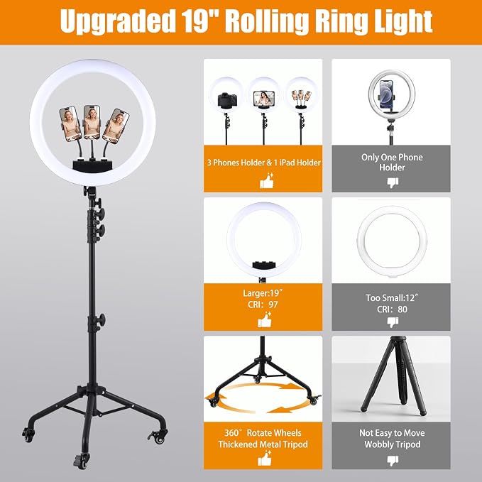 19" Ring Light with Stand, 75" Tripod Rolling Wheels, Phone & ipad Holders | 3 Color Modes & 6300K Dimmable LED Light, Large Ring light for Photography Streaming Video Recording Barber Tattoo Makeup - Image 5