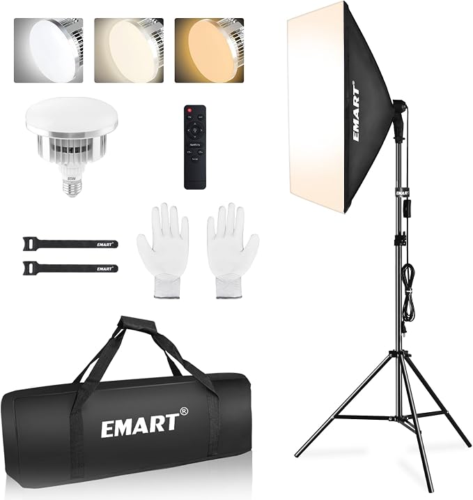 EMART Softbox Lighting Kit, 85W 20"x28" Softbox for Photography Light 1Pack | 3000K-6500K LED Bulbs with Remote, 75" Tripod, Professional Photography Lighting for Studio Lights, Portrait, Video Recording by EMART