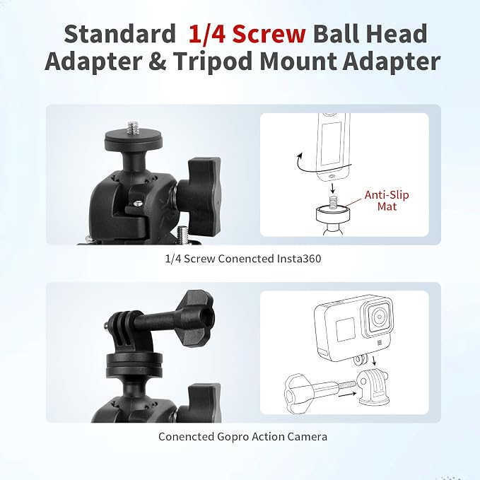 Bike Motorcycle Camera Mount Bundle Kit, 1/4 Screw & Tripod Mount Adapter, 360°Rotating Ball Head Base -Ballhead Arm Super Mounting Clamp for Most Action Camera, Clamp(0.86"-1.26“) 75016 - Image 2