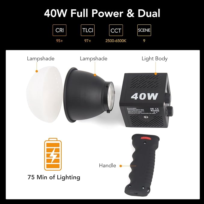 M60 Handle LED Video Light with Soft Box Protable Mini COB LED Bi-Color 2500-8500K CRI≥95 TLCI≥97 Built-in 3400mAh Battery Photo Studio Lights Vlog Shoot Fill Lighting 8 Scenes (M60 with Soft Box) - Image 5