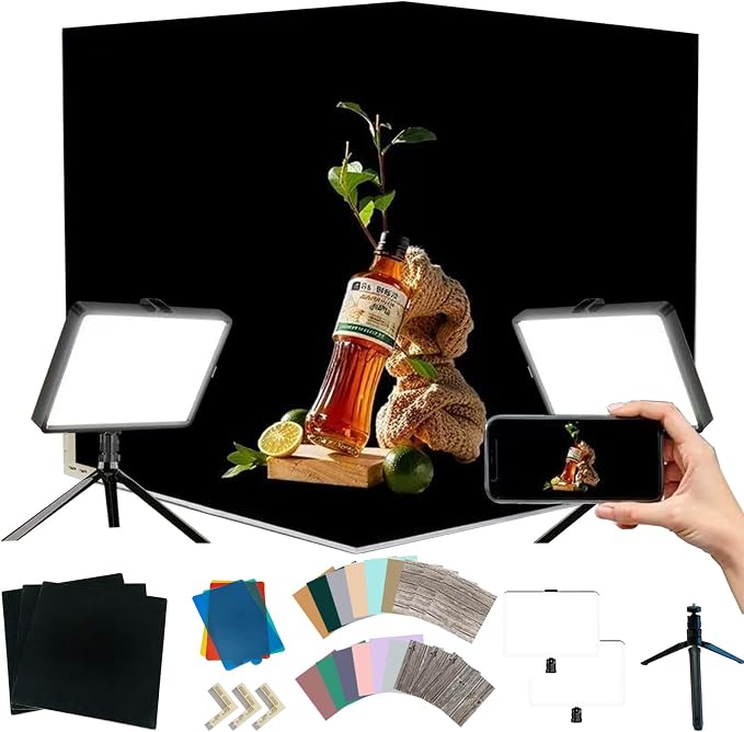 Photo Backdrop Board with 2 LED Lighting Shooting Kit, 14Pcs 28Patterns | 16x16 inch Product Photography Backdrops for Food Jelwery Cosmetics, Anti-Glare Black Flocked Photo Studio Background - Image 7
