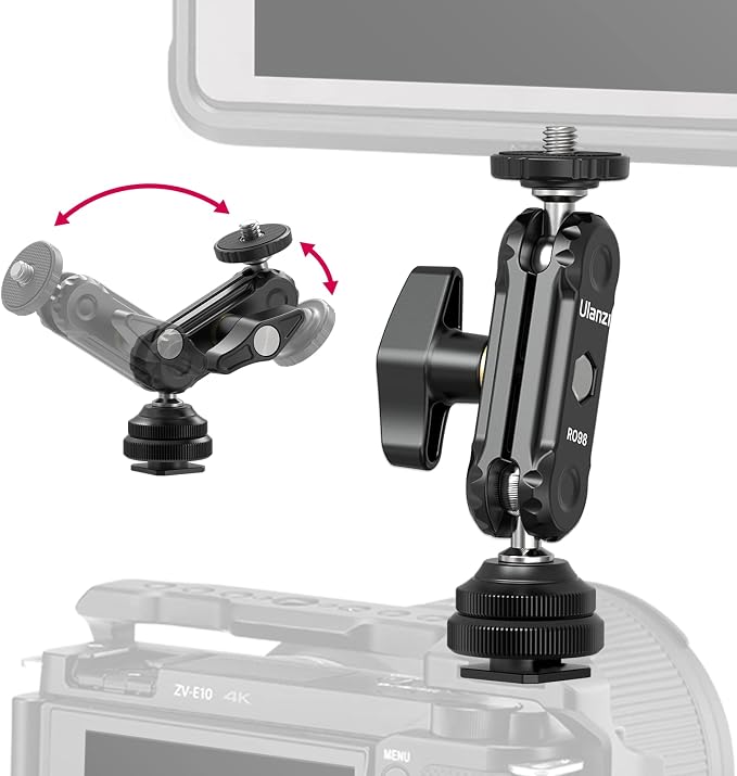 R098 Cold Shoe Monitor Mount, 1/4" Rotatable Dual Ballhead Hot Shoe Mount | Microphone Fill Light Camera Monitor Swivel Bracket Compatible with DJI OSMO 360/Pocket 3/Pocket 4/Insta 360 x 5/Sony/Canon by UURig