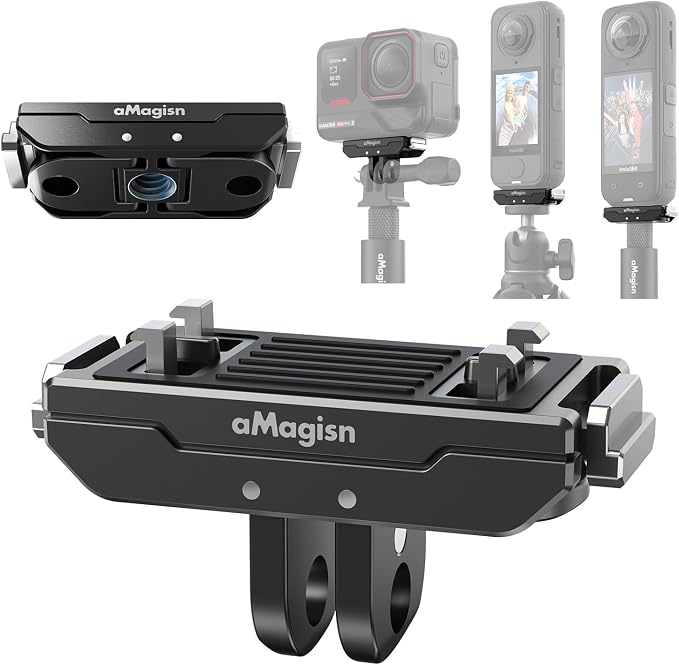 Stainless Steel Magnetic Quick Release Mount for Insta360 Ace Pro 2/X6/X5/X4 Air,Metal QR Adapter Bracket with 2 Prong & 1/4"-20 Thread, Anti-Vibration Silicone Pad for Cycling Skiing Vlog by home