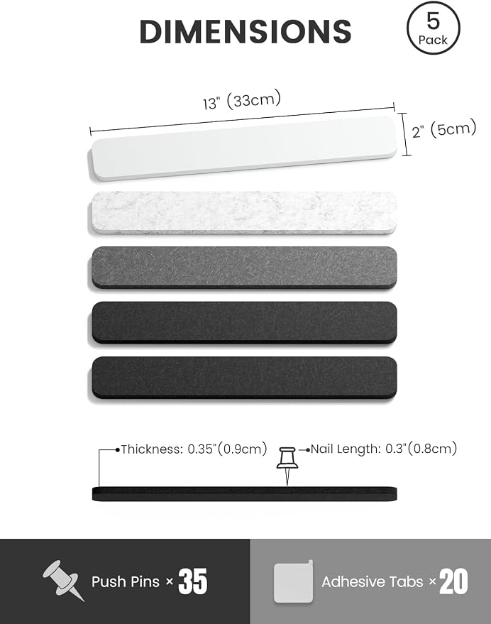 Fluxynara 13" x 2" Felt Wall Panels, Concrete Echo | 5-Pack Includes 35 Push Pins and Adhesive Tabs for Photos, Notes and Decor in Bedroom Doors, Home Office or Studios - Image 2