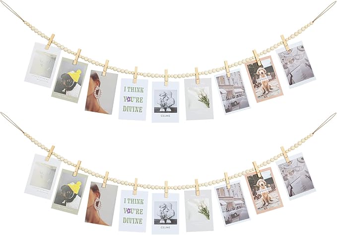 KLOGTSIND Hanging Photo Display, 2PCS Boho Wood Bead Garland Wall Decor | Photo Banner with 9 Wooden Clips for Bedroom, Living Room, Office, Dorm Decor, Pictures Postcards Holder Teen Girl Gifts by KLOGTSINDDirect