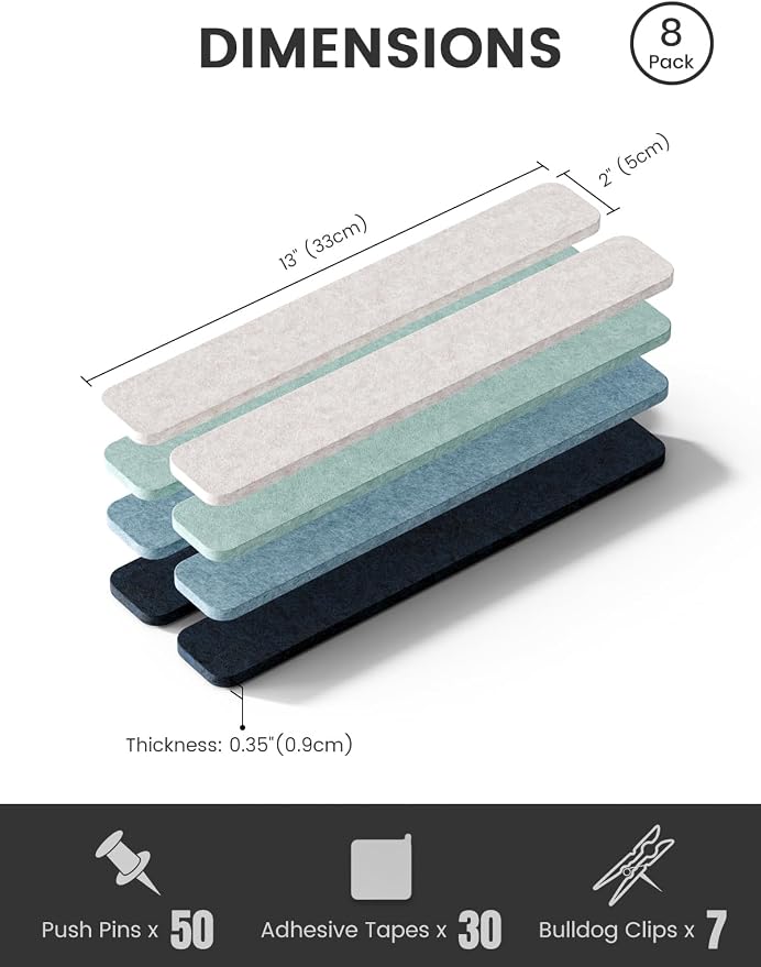 Fluxynara 13" x 2" Felt Wall Panels, Ocean Gradient | 8-Pack Includes 50 Push Pins and Adhesive Tabs for Photos, Notes and Decor in Bedroom Doors, Home Office or Studios - Image 2