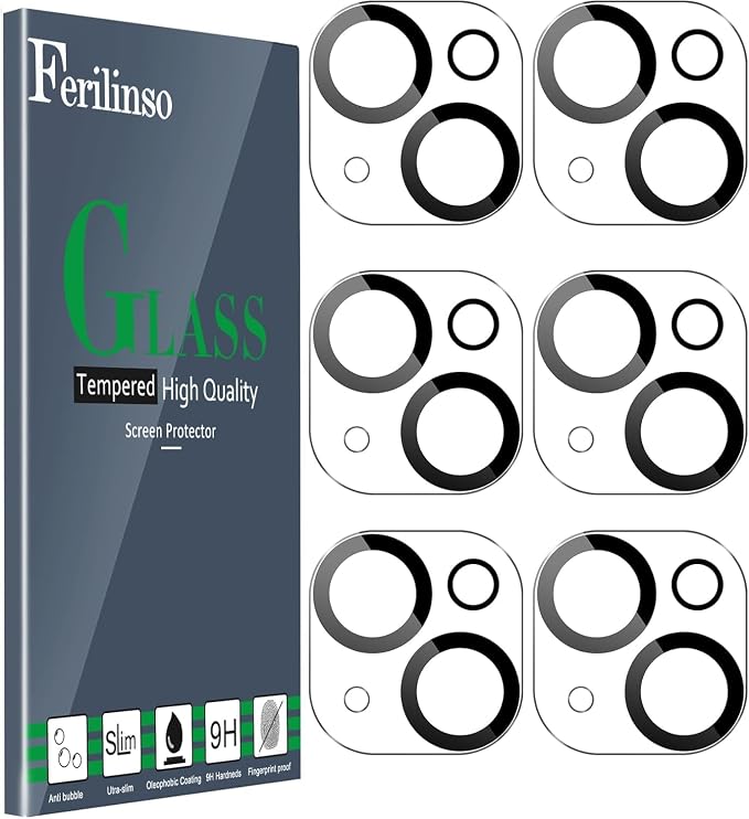Ferilinso Camera Lens Protector for iPhone 14/15/14 Plus/15 Plus/13/13 Mini | 6 Pack, 9H+ Tempered Glass, Military-Grade Shatterproof Camera Cover, Case Friendly, HD, No Flash Glare for Night Shooting by Ferilinso