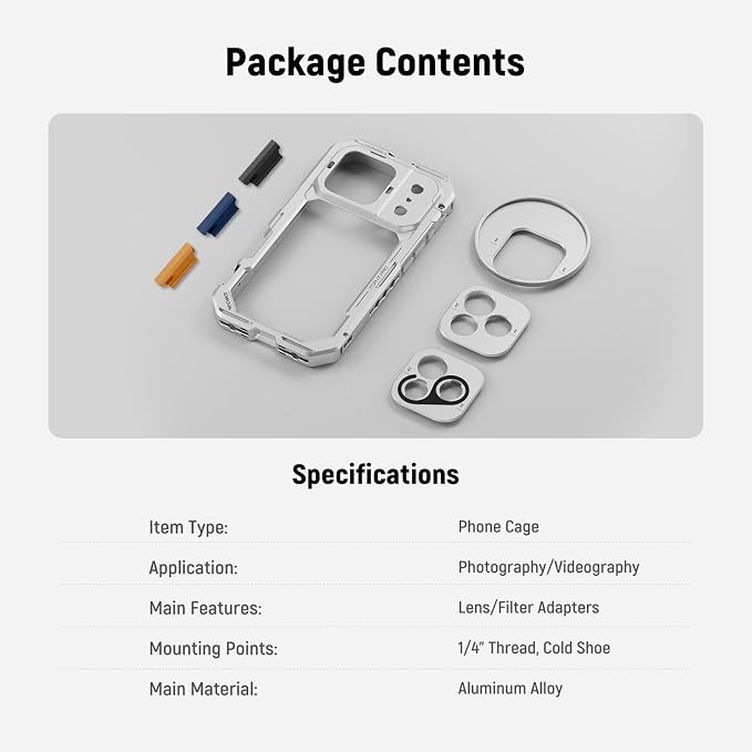 NEEWER Phone Cage Compatible with iPhone 17 Pro, Quick Release Video Rig Stabilizer Accessories with 67mm Filter Ring, 17mm Lens Backplate, T Mount Adapter, 4X Camera Control Cap, PA143 (Silver) - Image 8