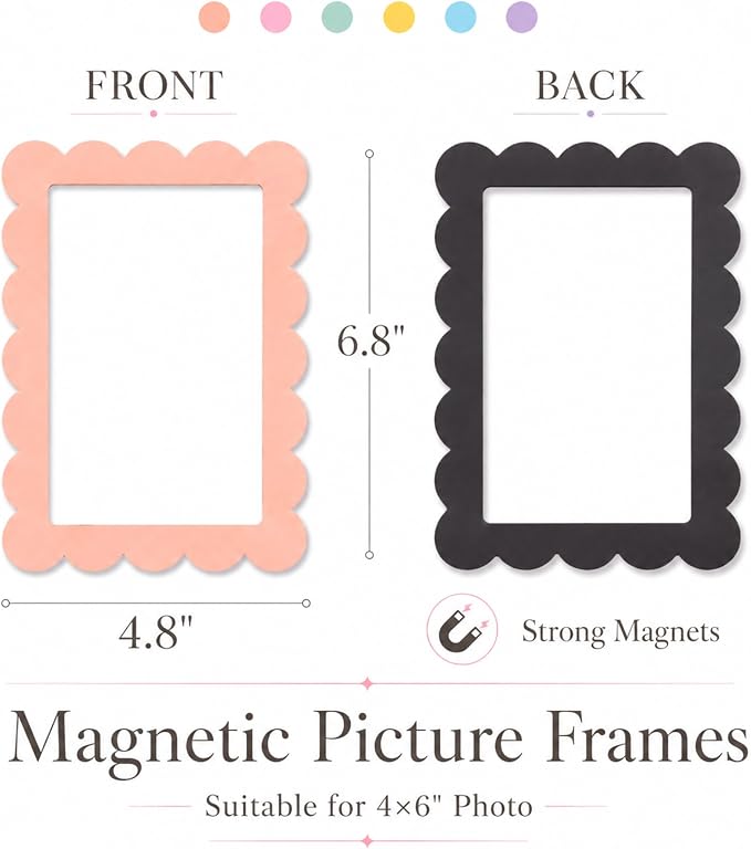 12 Pack 4x6'' Pastel Scalloped Magnetic Picture Frames | Wavy Edge Magnet Photo Borders for Refrigerator Locker Classroom Office Decor - Open Face Aesthetic Home Accessories - Image 2
