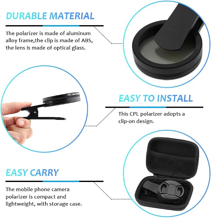 52mm Polari/zed Camera Lens Phone Universal CPL Filter Clip Kit, Portable Phone Polarizing Lens Filter for Cell Phones Camera Assistant Len and Effects Filters(Black) - Image 3
