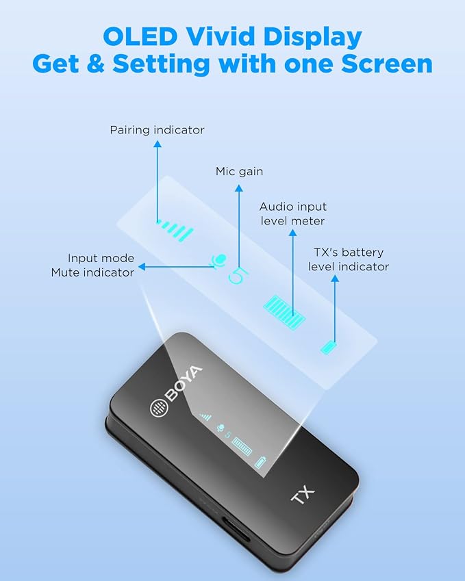 BOYA BY-XM6-K5 Wireless Lavalier Microphone for Android/Laptop with Charging Case & Mono/Stero,OLED Diplay Wireless USB-C Microphone for Vlogging,YouTube,Tiktok Live Stream, Video Recording - Image 2