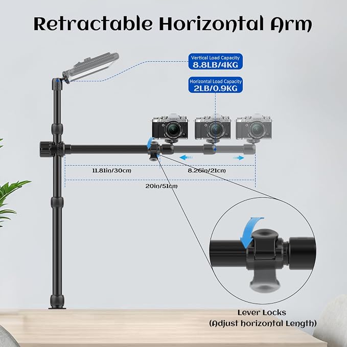 Ailight Overhead Camera Mount Desk Stand, 15.75"-33.45" Webcam Mount with 2-Section Adjustable Telescopic Boom Arm, C Clamp/Swiveling Ball Head for DSLR Camera, Ring Light, Webcam - Image 4
