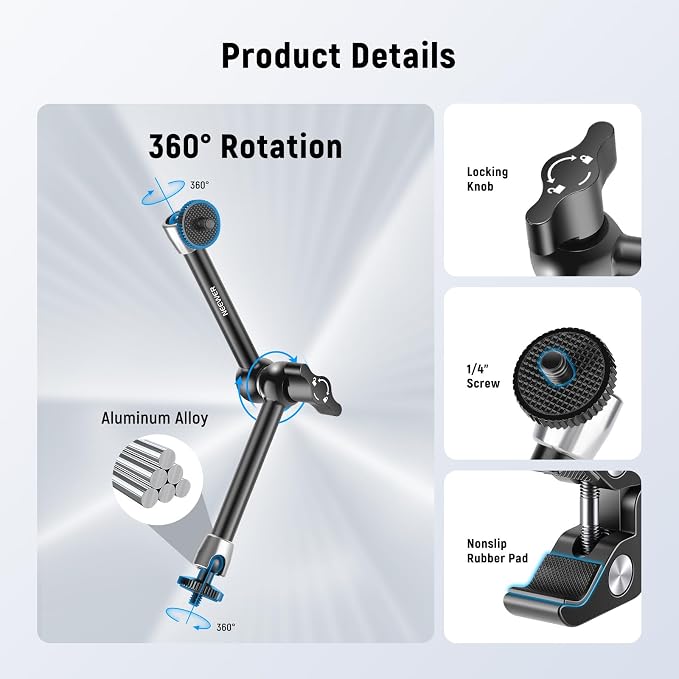 NEEWER 9.8"/25cm Magic Arm with Super Clamp & Cleaning Cloth, 1/4" & 3/8" Threads for Flash/LED Light/Microphone/DSLR Camera Monitor Compatible with SmallRig Camera Cage, Max Load: 4.4lb/2kg, ST25C - Image 3