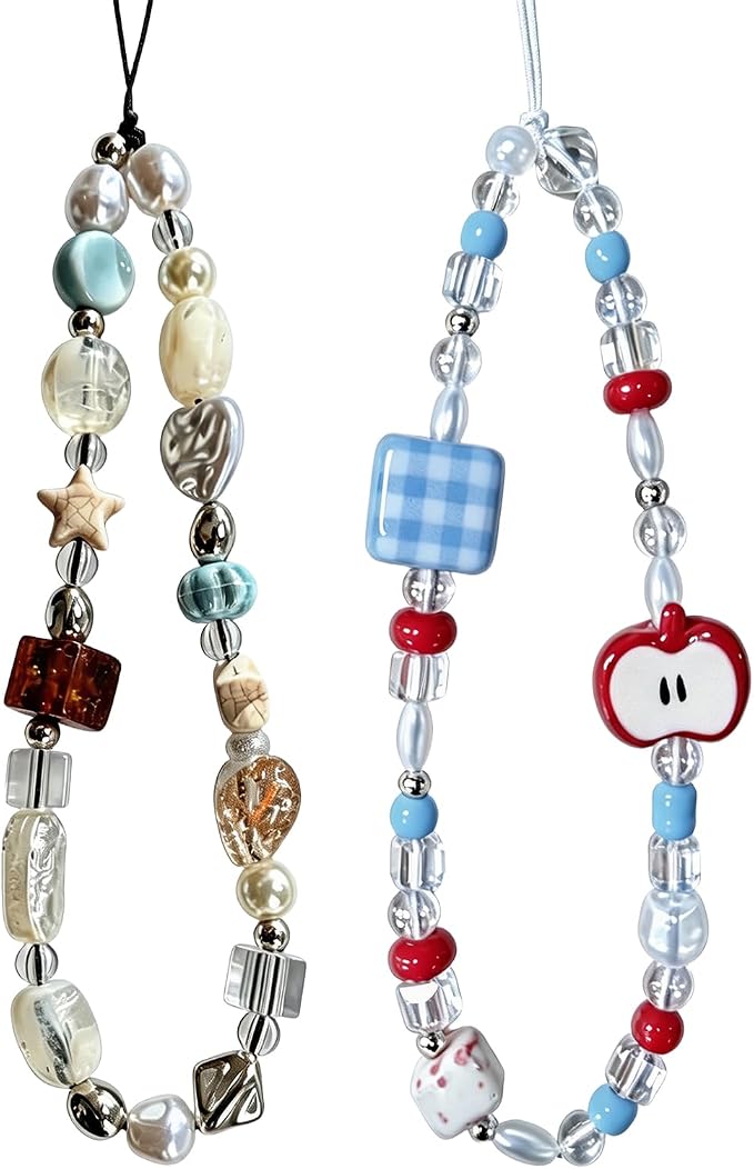 2 Pcs Phone Charm Strap Hand Wrist Strap Camera Lanyard Pearl Beaded Cute Chain String Accessories Universal for iPhone 17 Pro Max 16 15 for Samsung Women Girls Keychain Bags Red Apple and Beach Beads by Casecond