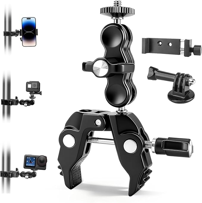 Chelhead Super Clamp Camera Mount with Phone Holder for Up to 3" Tubes | Dual 1/4"-20 & 3/8"-16 Threads, Compatible with DSLR Cameras, Action Cameras, LED Lights, Gimbals & Tripods by Chelhead