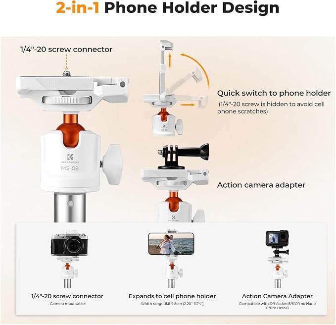 K&F CONCEPT 62'' Selfie Stick Tripod. | 2-in-1 Phone Holder, 360°Ball Head Compatible with DJI Osmo Pocket 4/3 GoPro 13/12 iPhone17. MS08 - Image 3