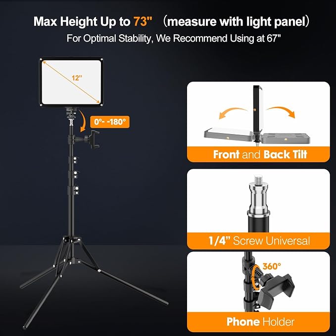 EMART 1-Pack LED Video Light Kit with Phone Holder & Barndoor | 2800-7000K Dimmable Studio Lights, 73'' Streaming Light for Video Recording, YouTube, Vlog, Photography, Content, Podcast - Image 7