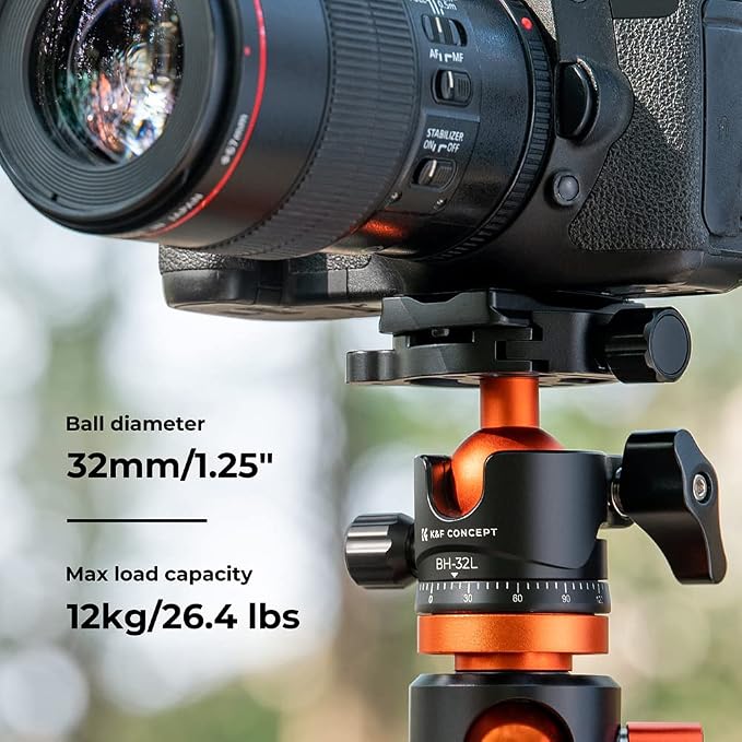 K&F CONCEPT 32mm Metal Tripod Ball Head 360 Degree Rotating Panoramic with 1/4 inch Quick Release Plate Bubble Level for Monopod Camera Camcorder Load Capacity up to 26.4lbs/12kg | Head screw 3/8", quick plate - BH32L - Image 3