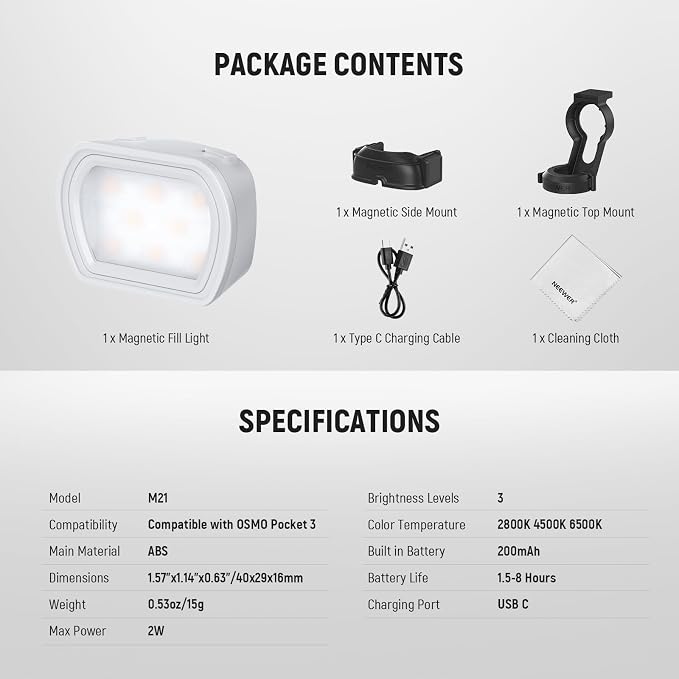 NEEWER Basics Magnetic Auxiliary Light Compatible with DJI OSMO Pocket 3 Gimbal Camera Creator Combo, USB C Rechargeable Mini LED Fill Light with Cleaning Cloth for Selfie Vlog Video Recording, M21 - Image 9