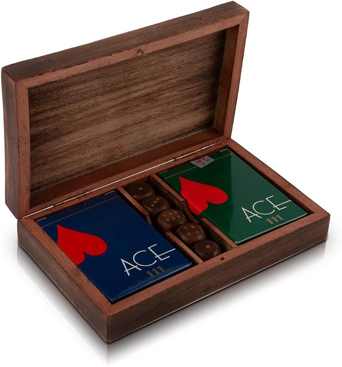 Wooden Playing Card Holder Deck Box Storage Case Includes Cards & Dice | Includes 2 card packs with dice, ideal for poker, bridge, card games, travel, gifting, collectible display & game room décor - Image 7
