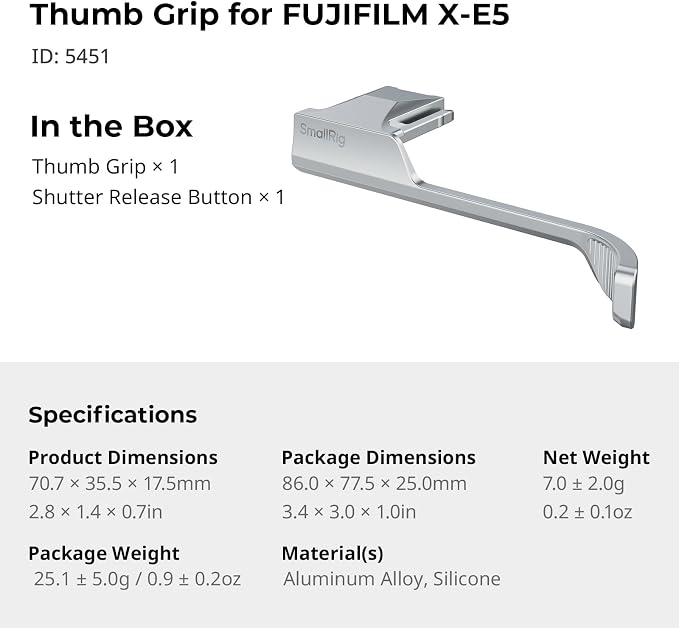 SMALLRIG Thumb Grip with Hot Shoe Cover for FUJIFILM X-E5,Shutter Button | Built-in Silicone Pads,Textured Surface for Enhanced Grip (Silver)-5451 - Image 7