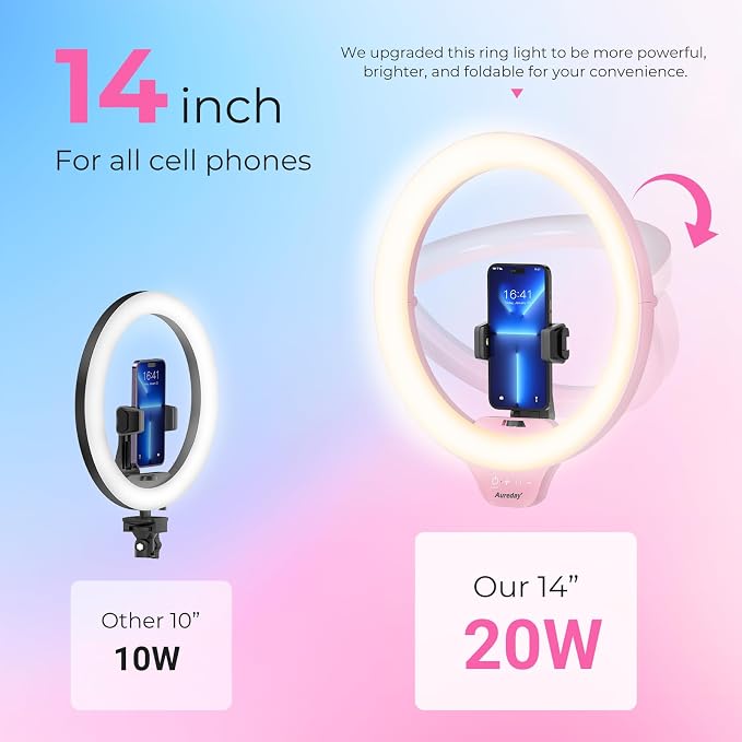 Aureday 14'' Pink Selfie Ring Light with 62'' Tripod Stand and Phone Holder, Dimmable LED Phone Ringlight for Makeup/Video Recording/Photography, Circle Lighting for Cell Phones&Lightweight Cameras - Image 5