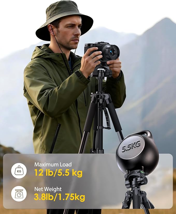 UBeesize 74" Camera Tripod with Phone Holder and Remote, Heavy Duty Tripod Stand with Portable Bag for Phone and Camera, Compatible with DSLR Cameras, Cell Phones, Spotting Scopes and Binoculars - Image 3