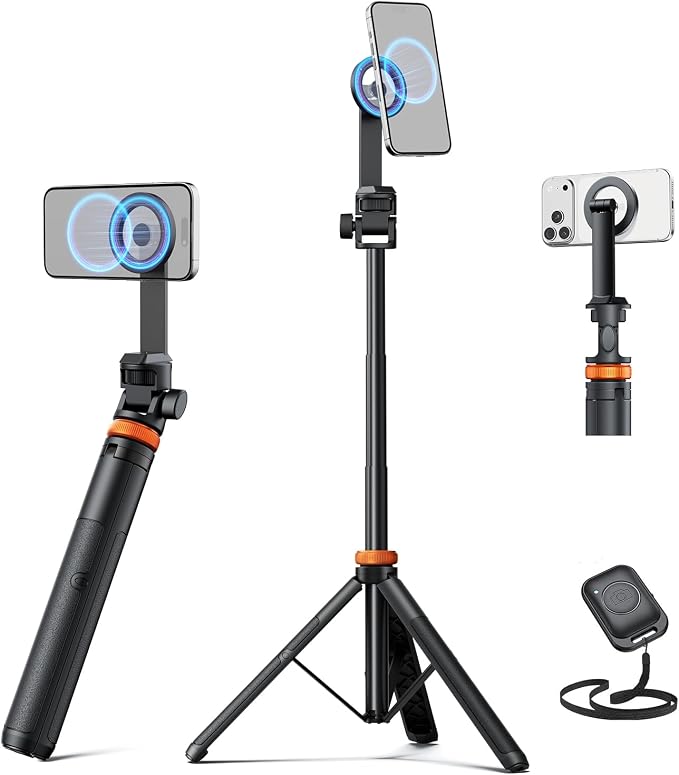 EUCOS 62" Magnetic Phone Tripod for iPhone, Selfie Stick Tripod with Remote | N52 Strong Magnetic Phone Stand, Extendable Cell Phone Stand for Video Recording, Travel by EUCOS