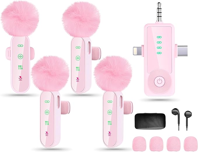 4 Packs Wireless Lavalier Microphone for iPhone Android Camera | Mini Clip-On Mic with Noise Reduction for 4-Person Video Recording, Interviews, Podcasts, YouTube, TikTok & Vlogging (Pink) by Giconino