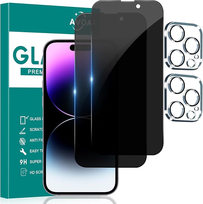 2+2 Pack Privacy Screen Protector for iPhone 14 Pro Max, 6.7 Inch | Camera Lens Protector, Tempered Full Screen Glass, Anti-Spy, Bubble Free, Case Friendly by AVOAR