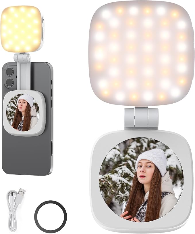 NEEWER BASICS Magnetic Selfie Light Compatible with MagSafe iPhone, CRI95 700lx/0.3m Folding LED Phone Fill Ring Lighting with Mirror for Zoom Makeup Photography Recording Video Conference,White NL48B by Neewer