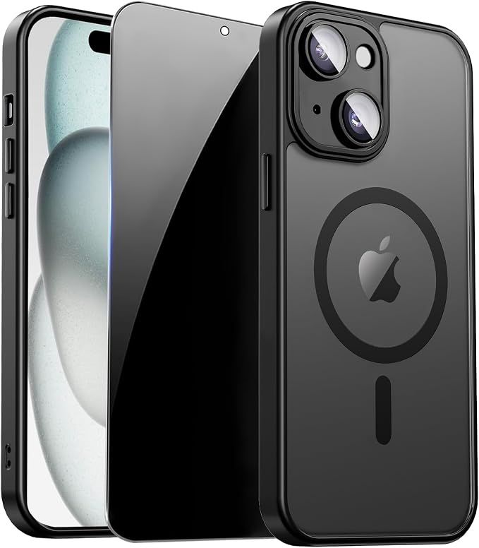 for iPhone 15 Case with Privacy Screen Protector, Black | Full Camera Protection, Translucent Matte Magnetic, Compatible with MagSafe, Shockproof Phone Cover, Slim Fit by ZOZDOKG