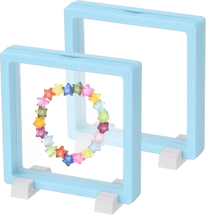 PATIKIL 2Pcs Floating Display Case, 4.3 Inch Jewelry Display Case Stand Challenge Coin Holder Frames Transparent Small Storage Box 3D for Necklace Bracelets Pendants, Light Blue/White by PATIKIL