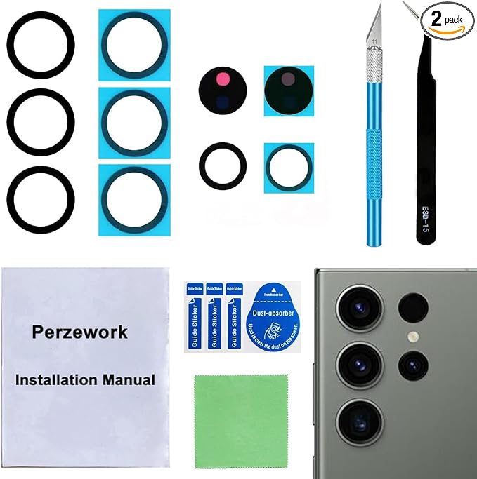 2 Set Back Rear Camera Lens Glass Replacement for Samsung Galaxy S23 Ultra with pre-Installed Adhesive and Reparing Toolkit by Perzework