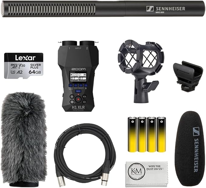 Sennheiser MKE 600 Shotgun Microphone Bundle with Zoom H1 XLR Handy Recorder + 64GB Memory Card + Shockmount + Fur Windshield + XLR Cable + 4 AA Batteries (8 Items) by Unknown