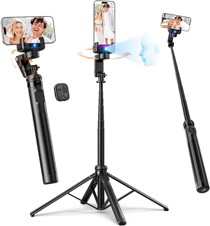Rollei Auto Face Tracking Tripod, Smartphone Gimbal Stabilizer 61'' Selfie Stick Tripod Holder 360° Rotation for iPhone/Android Stand for Filming Streaming Tiktok Video Vlog by Rollei