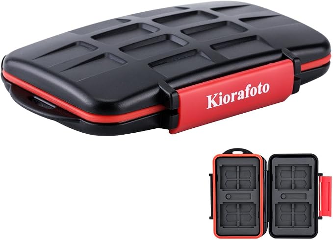 Kiorafoto 28 Slots Memory Card Case for 16 MicroSD + 8 SD + 4 Compact Flash | IPX5 Water-Resistant,SD SDHC SDXC Micro SD TF CF Card Holder Wallet,Hard Shell with Rubber Interior & Carabiner & Sim Tool - Image 7