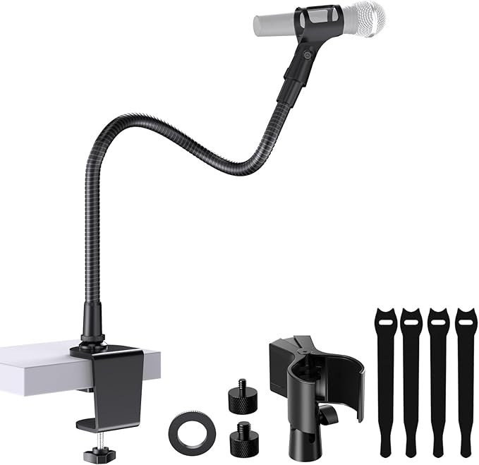 19 Inch Gooseneck Microphone Holder for Podium, 【Heavy-Duty】 2.5 lb Max | Thickened Aluminum Flexible Gooseneck, 2 Mic Holders, 1/4" and 3/8" Adapters, Desk Clamp, Ideal for Gaming, Podcast by Borenbuir