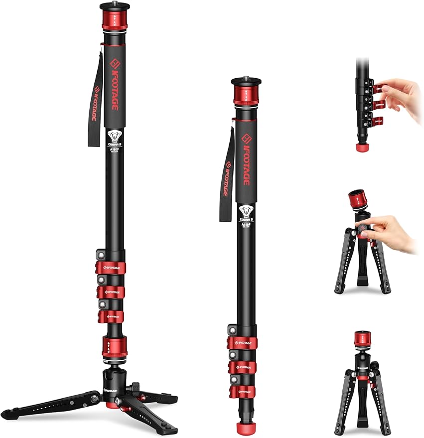 IFOOTAGE Cobra 3 Monopod A180F Professional Camera Monopod 71" | Aluminum Telescoping Video Monopod with Tripod Stand Compatible for DSLR Cameras Camcorders, Professional Camera Support by IFOOTAGE