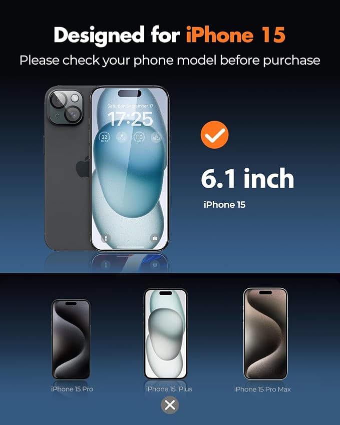 UNBREAKcable iPhone 15 Screen Protector & Camera Lens Protector | Upgraded Dual-Tempered Glass with Military-Grade 9H Hardness, 3-Pack,HD Clarity, Anti-Fingerprint, Case Friendly, Fits 6.1'' - Image 2