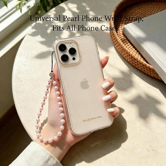 Phone Charm Beaded Strap Cute Cell Phone Wrist Straps String Accessories Hand Aesthetic Lanyard Wristlet Chain for iPhone 17 Pro Camera Case AirPods Bags Keychains Women Girls Rose Gold Pearl - Image 5