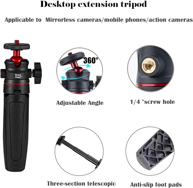Black Mini Tripod Phone Stand with 1/4" Screw for iPhone/Insta 360 X5/ DJI/OSMO/Pocket 3 /Sony/Canon/Nikon/Cameras, Extendable Handheld Vlogging Video Filming Table Stand - Image 5