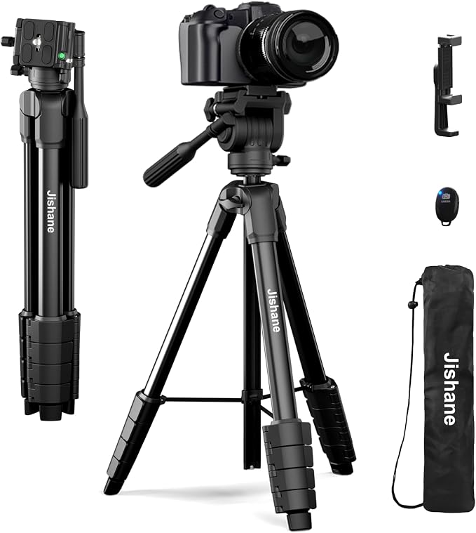 Travel Camera Tripod, Lightweight Stand for Canon, Spotting Scopes | Portable Phone Stand with Wireless Remote and Carry Bag, Max Load 11lb, Compatible with Canon EOS Rebel, DSLR, iPhone, Nikon by Jishane