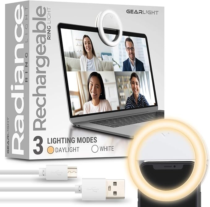 GearLight Selfie Ring Light for Computer or Phone - iPhone Compatible LED Lighting for Laptop Webcam, Video Recording - Rechargeable Circle Clip - Cute Stuff & Room Decor - White - 3.5 inch by GearLight