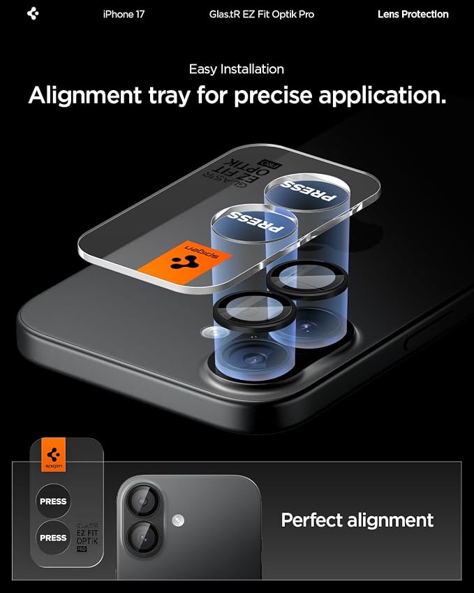 Spigen Camera Lens Protector for iPhone 17/16 Plus/16 - Black | GlasTR EZ Fit Optik Pro, 9H+ Tempered glass, Scratch resistant, Auto-align tray, Case-friendly, Original Photo Quality, 2Pack - Image 4