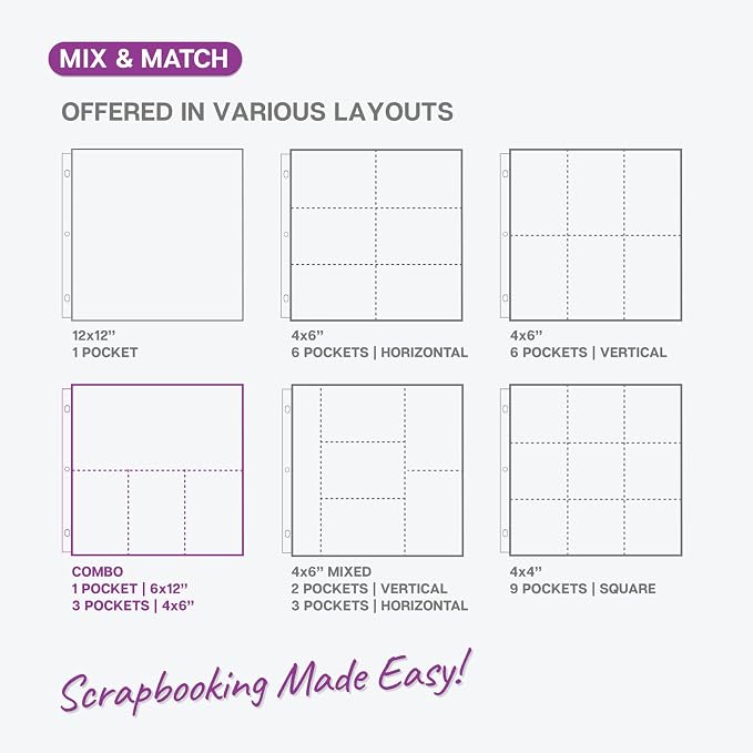 Dunwell 12x12 Scrapbook Page Protectors, 50 Pack, Fits 3-Ring Scrapbook Album Binder, Combo Layout Holds 300 4x6 Vertical Photos Plus 6x12 Top Pocket, Acid-Free Poly 12x12 Scrapbook Page Protectors - Image 6