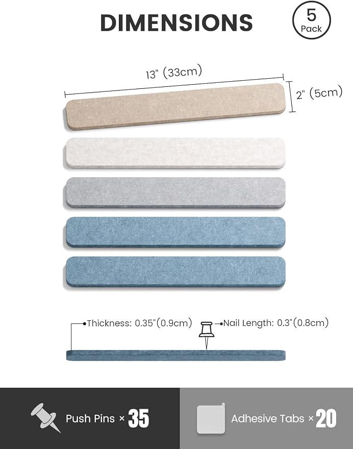 Fluxynara 13" x 2" Felt Wall Panels, Coastal | 5-Pack Includes 35 Push Pins and Adhesive Tabs for Photos, Notes and Decor in Bedroom Doors, Home Office or Studios - Image 2